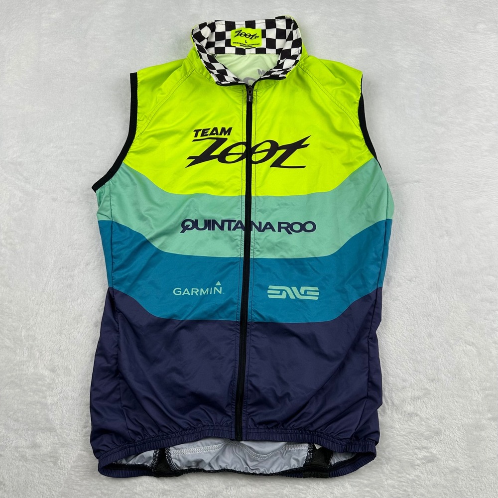 Zoot Cycling Vest Womens Large Shirt Neon Yellow Blue Zip Up Windbreaker